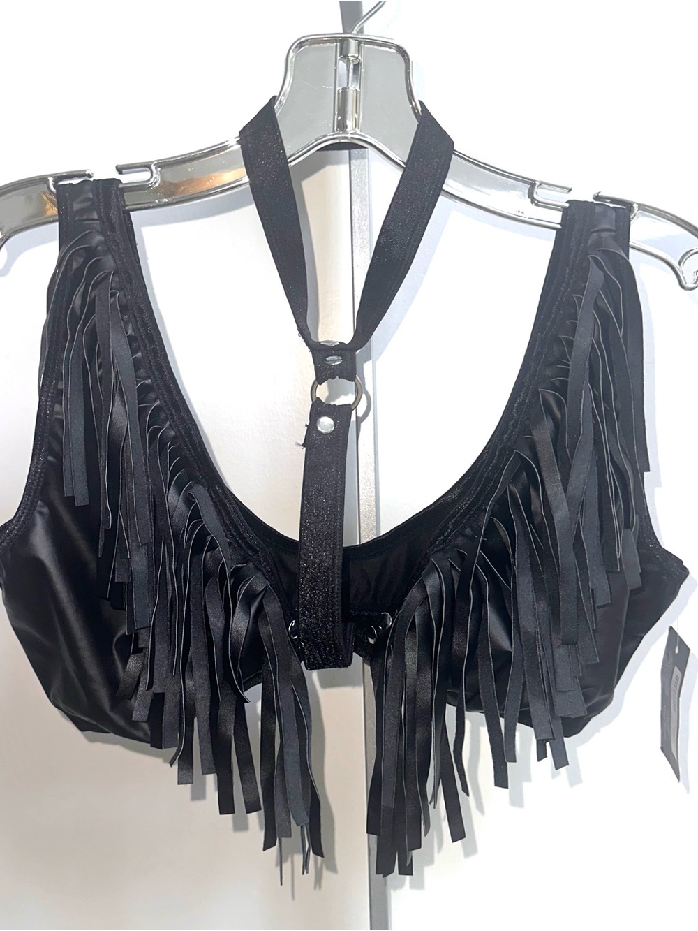 NWT Black vegan leather  Fringe Bralette with Harness Detail